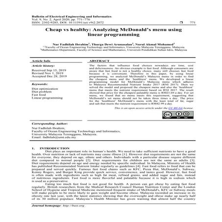 Cheap vs healthy: Analyzing McDonald’s menu using linear programming | PDF