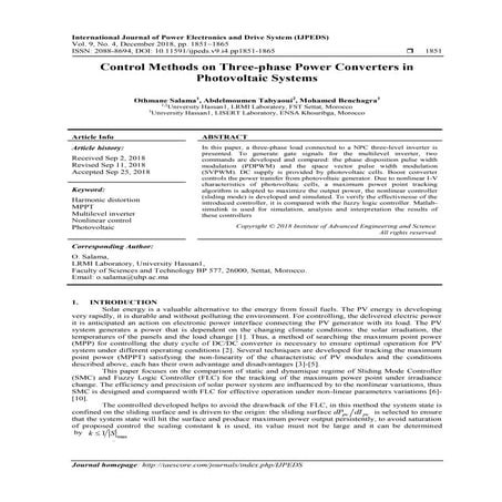 Control Methods on Three-phase Power Converters in Photovoltaic Systems