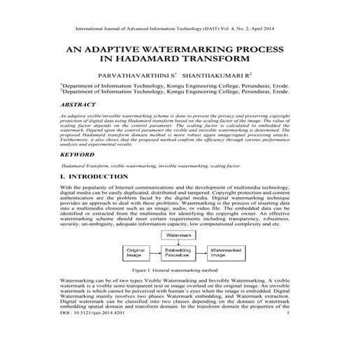 AN ADAPTIVE WATERMARKING PROCESS IN HADAMARD TRANSFORM | PDF