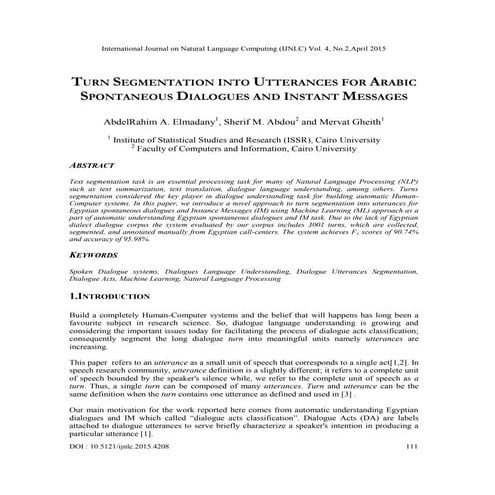 T URN S EGMENTATION I NTO U TTERANCES F OR  A RABIC  S PONTANEOUS D IALOGUES ...