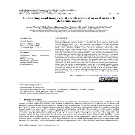 Enhancing road image clarity with residual neural network dehazing model