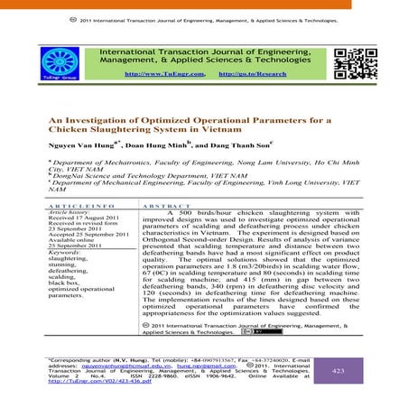 An Investigation of Optimized Operational Parameters for a Chicken Slaughteri...