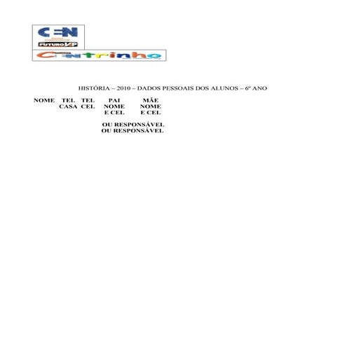 Ficha de Dados Pessoais 2010 6º ano