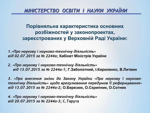Порівняльна характеристика основних розбіжностей у законопроектах, зареєстрованих у Верховній Раді України