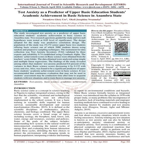 Test Anxiety as a Predictor of Upper Basic Education Students’ Academic Achie...