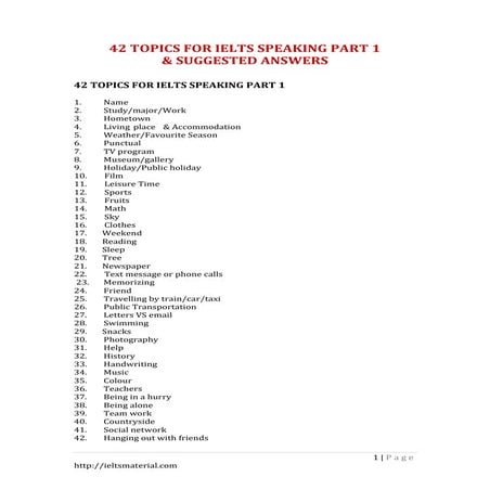 42 topics for ielts speaking part 1 &amp; suggested answers 2016
