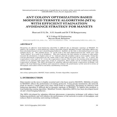 ANT COLONY OPTIMIZATION BASED MODIFIED TERMITE ALGORITHM (MTA) WITH EFFICIENT...
