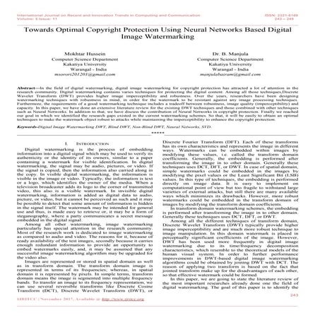 Towards Optimal Copyright Protection Using Neural Networks Based Digital Imag...