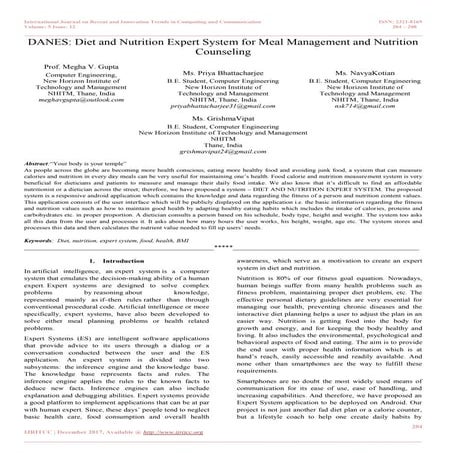 DANES: Diet and Nutrition Expert System for Meal Management and Nutrition Cou...