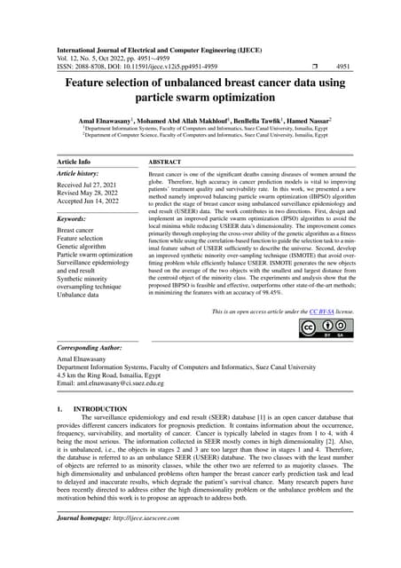 Feature selection of unbalanced breast cancer data using particle swarm optim...