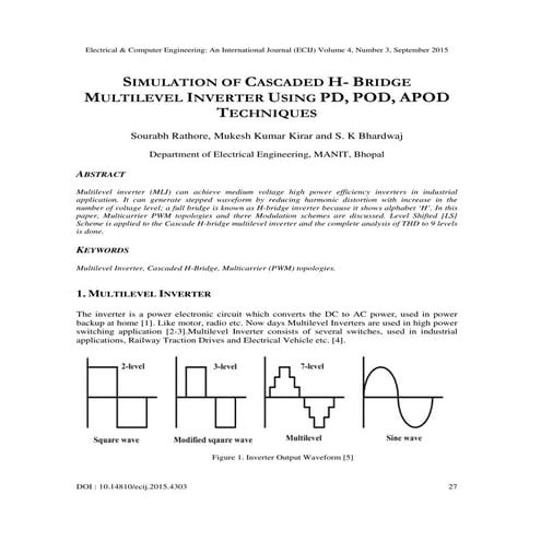 SIMULATION OF CASCADED H- BRIDGE MULTILEVEL INVERTER USING PD, POD, APOD TECH...
