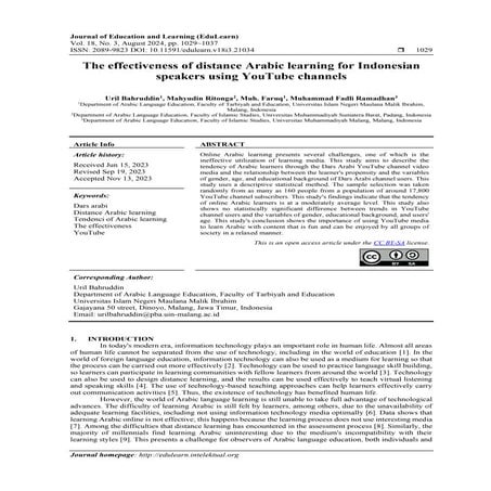 The effectiveness of distance Arabic learning for Indonesian speakers using YouTube channels