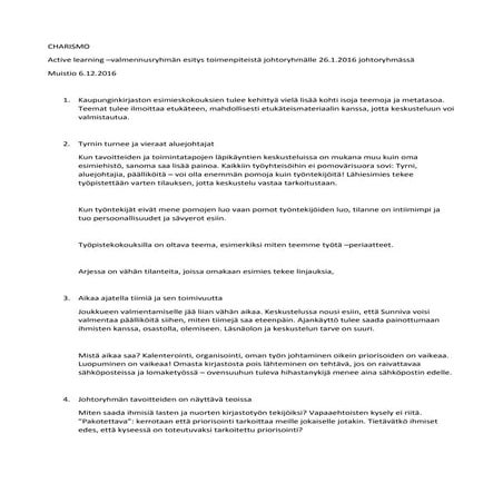 CHARISMO-muistio lopputuloksista