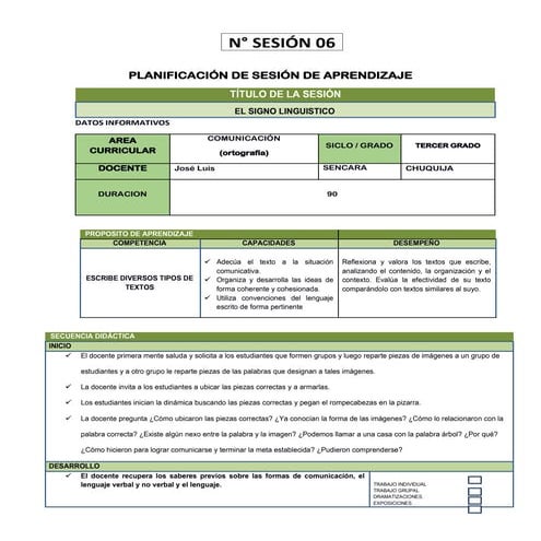 Sesion de Aprendizaje El Signo Linguistico Tercero y Cuarto Grado