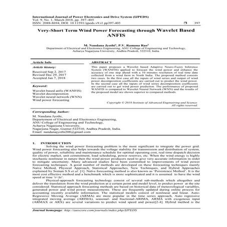 Very-Short Term Wind Power Forecasting through Wavelet Based ANFIS