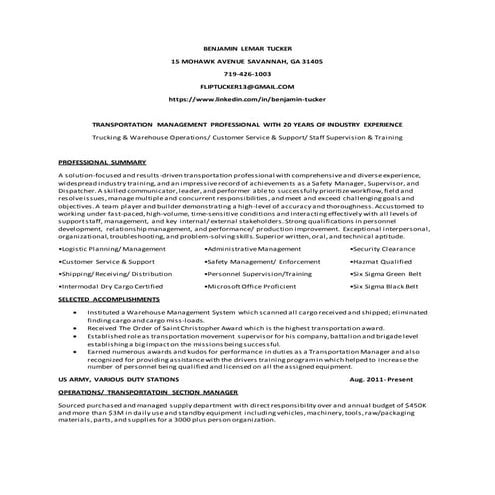 Benjamin L Tucker Professional Resume as of 02 January 2017
