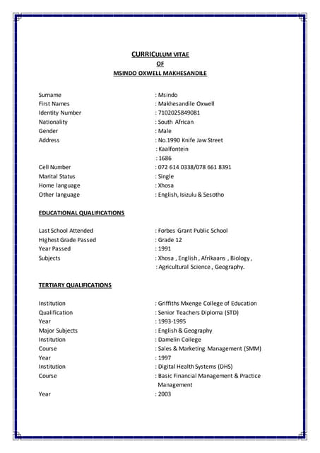 CURRICULUM VITAE. afrikaans docx | PDF