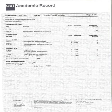 Master of Project Management_Transcript, QUT