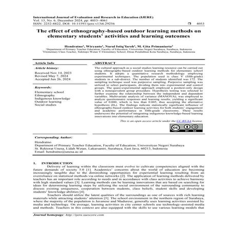 The effect of ethnography-based outdoor learning methods on elementary ...