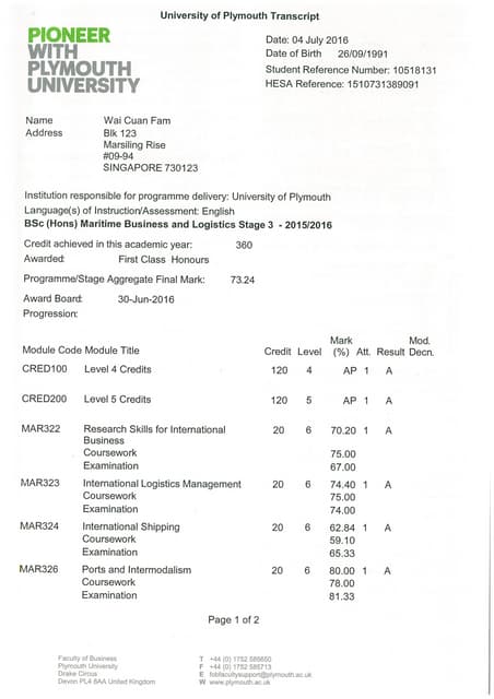 ASHLEY REBURN - Statement of Results - University of Plymouth | PDF ...