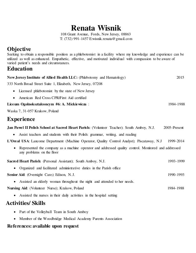 phlebotomy skills for resumes