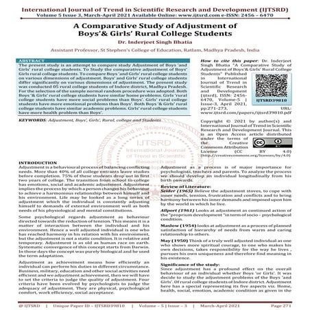 A Comparative Study of Adjustment of Boys’and Girls’ Rural College ...