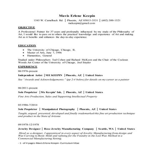 Mavis Erlene Keepin Curriculum Vitae