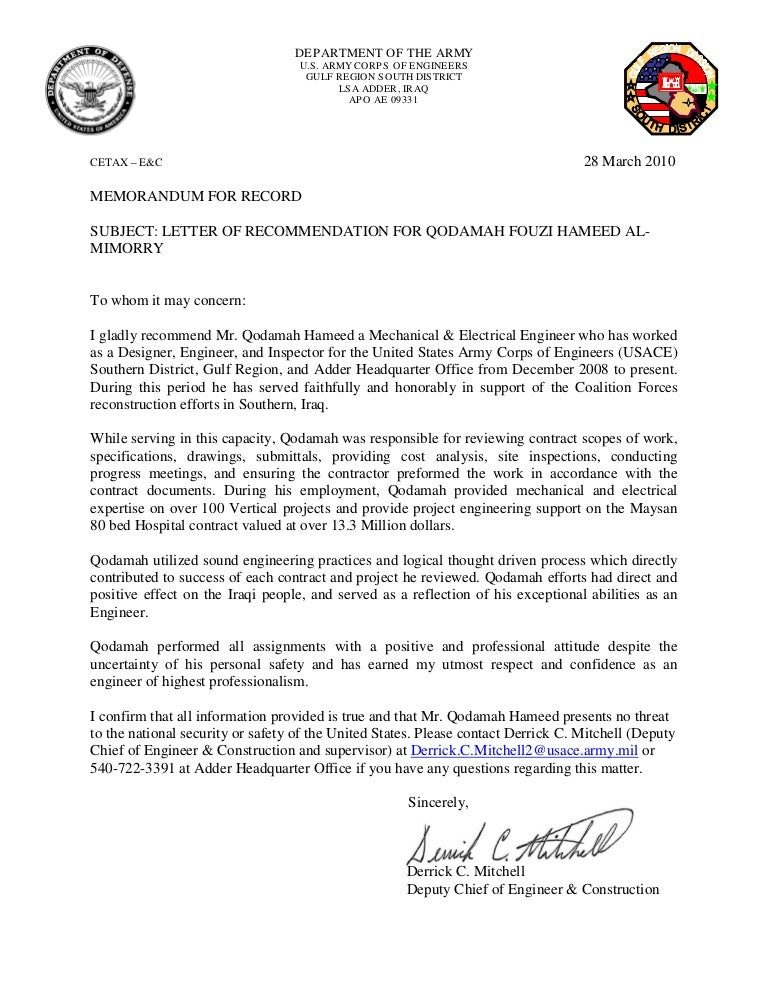 letter of recommendation for qodamah hameed letter of recommendation army form
