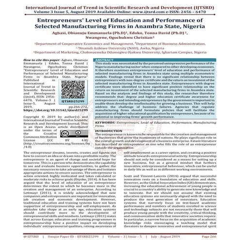 Entrepreneurs Level of Education and Performance of Selected Manufacturing Fi...