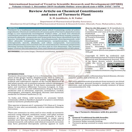 Review Article on Chemical Constituents and uses of Turmeric Plant