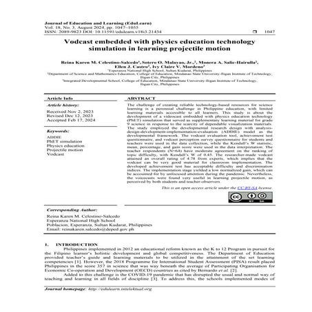 Vodcast embedded with physics education technology simulation in learning projectile motion
