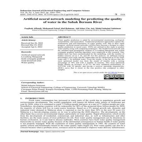 Artificial neural network modeling for predicting the quality of water ...