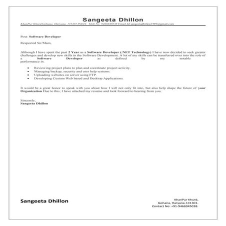 sangeeta Cover Letter With Resume