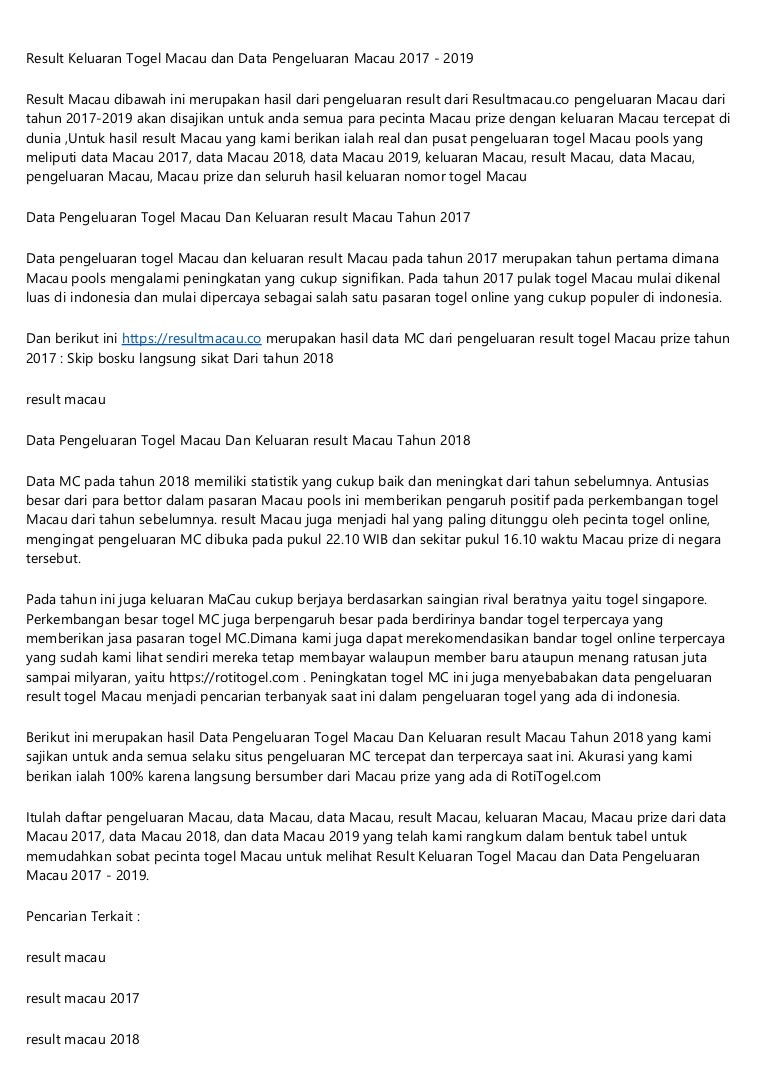 Result Keluaran Togel Macau Dan Data Pengeluaran Macau 2017 2019