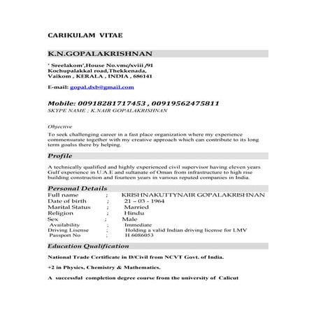 CV OF KN GOPALAKRISHNAN