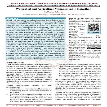 Watershed and Agriculture Management in Rajasthan
