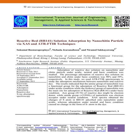 Reactive Red (RR141) Solution Adsorption by Nanochitin Particle via XAS and A...