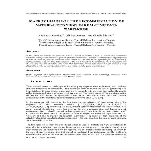 MARKOV CHAIN FOR THE RECOMMENDATION OF MATERIALIZED VIEWS IN REAL-TIME DATA W...