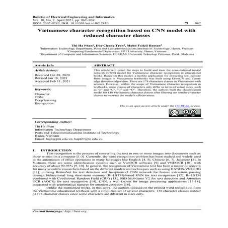 Vietnamese character recognition based on CNN model with reduced character cl...