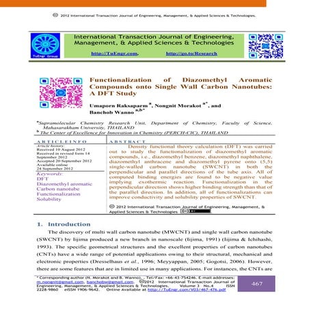 Functionalization of Diazomethyl Aromatic Compounds onto Single Wall Carbon N...