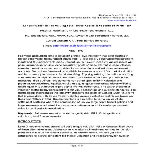 Longevity Risk in Fair Valuing Level-Three Assets in Securitized Portfolios -...