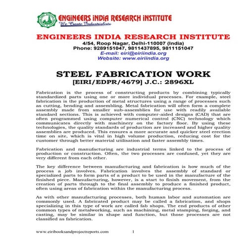 Detailed Project Report on STEEL FABRICATION WORK | PDF