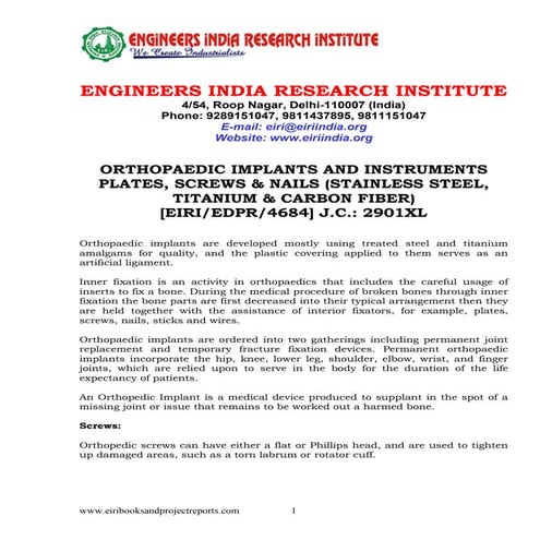 Detailed Project Report on ORTHOPAEDIC IMPLANTS AND INSTRUMENTS PLATES ...