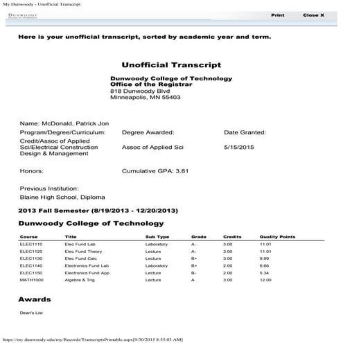 Patrick McDonald (A.A.S) - Unofficial Transcript | PDF
