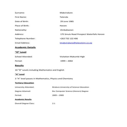 Tatenda MabvirakareCV