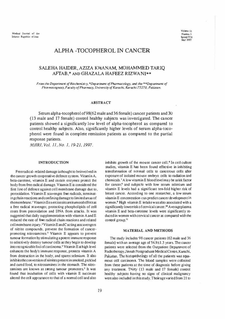 ALPHA TOCOPHEROL IN CANCER