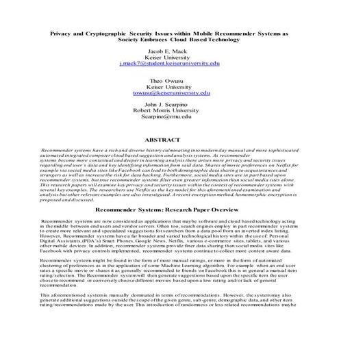 Privacy and Cryptographic Security Issues within Mobile     Recommender Syste...