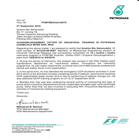 Acknowledgement Letter of Industrial Trainning | PDF
