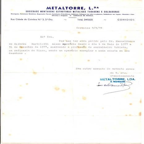 Recommendation Letter from METALTORRE.Lda