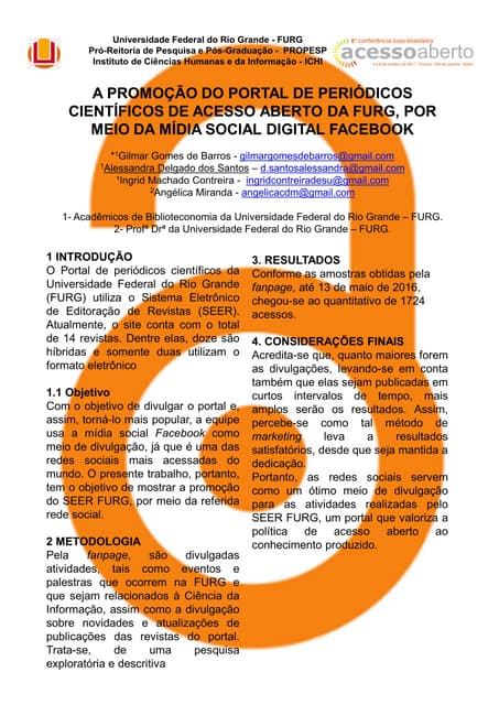 A promoção do portal de periódicos científicos de Acesso Aberto da FURG, por meio da mídia social digital Facebook - CONFOA 2017